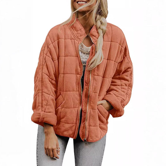 Solid-color stand-up collar cotton-padded jacket for women, loose long-sleeved pocket jacket Hypersku