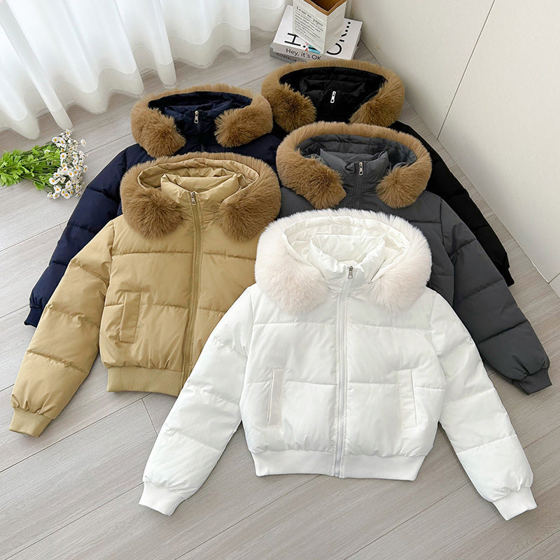 A short, thick and warm bread jacket with a hooded fur collar for women in winter Hypersku