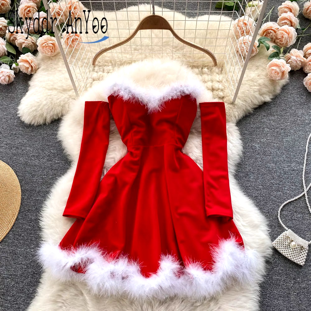 Women Elegant Dress for New Year 2024 Strapless Backless Furry Sexy Short Mini Christmas Dress Navidad Red Party Dress Femme