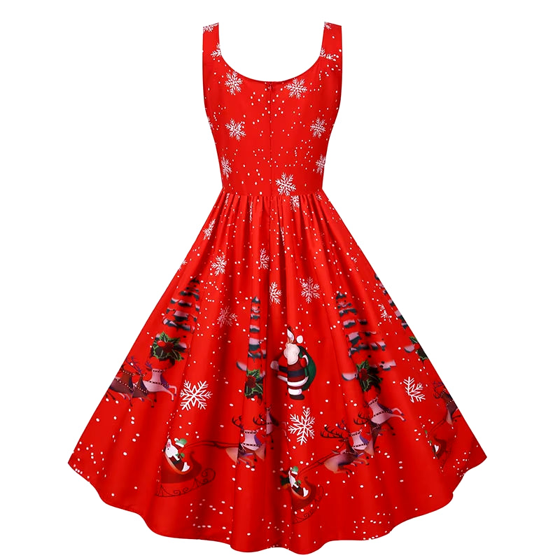 Women Christmas Dress Sexy Spaghetti Strap Vintage Midi Party Vestidos Robe Santa Snowflake Print Xmas Clothes