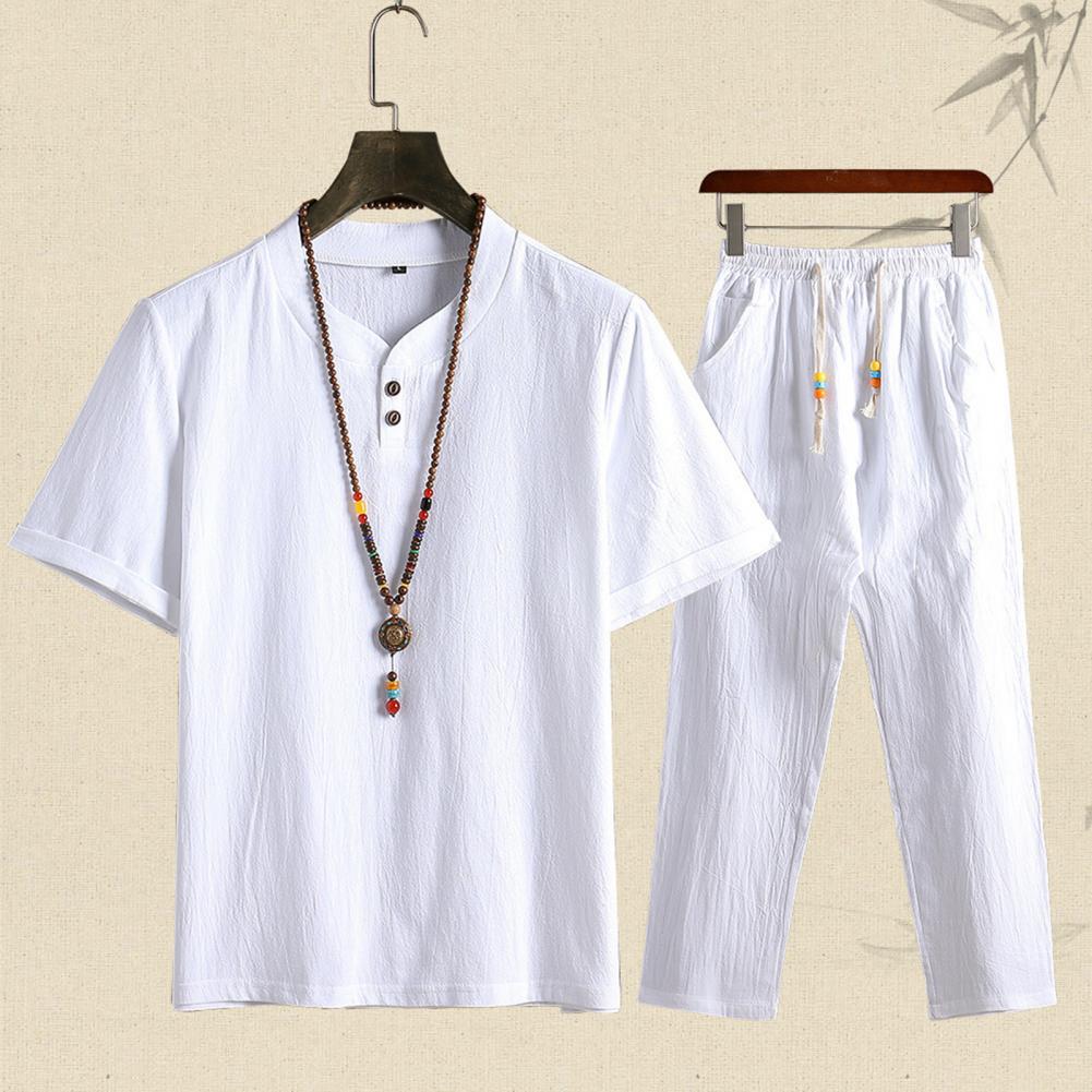 Men Casual Outfit Solid Color Homewear Chinoiserie Summer Two Piece Short Sleeve T Shirt Drawstring Pants Set Men Clothing Suit GONZALES ONLINE SHOP