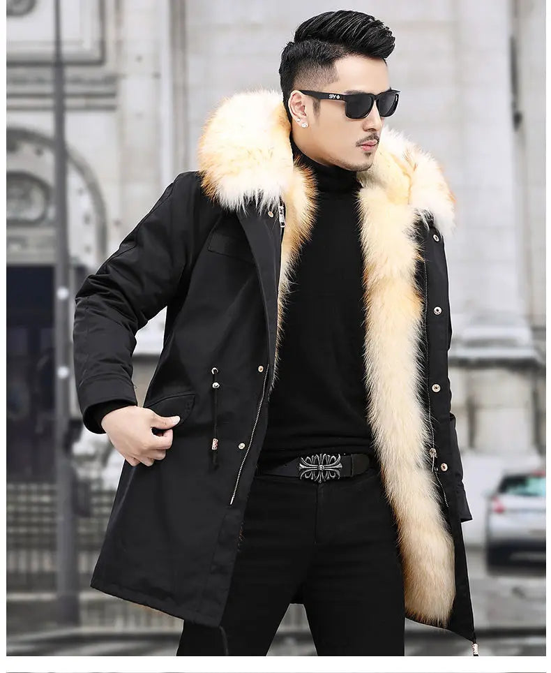 HANZANGL Men's Fur Coat 2022 Winter High Quality Fashion With Fur Hooded Lined Thick Warm Parkas Outerwear Mid-length With Long GONZALES ONLINE SHOP