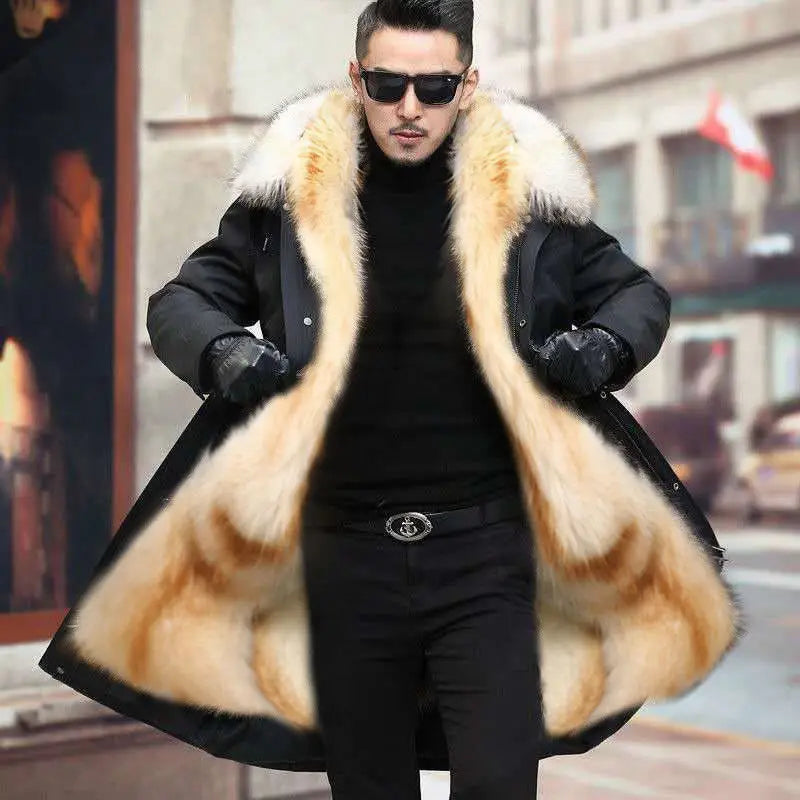 HANZANGL Men's Fur Coat 2022 Winter High Quality Fashion With Fur Hooded Lined Thick Warm Parkas Outerwear Mid-length With Long GONZALES ONLINE SHOP