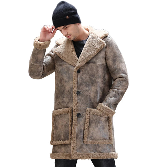 Soft Comfortable Sheepskin Fur Shearling Coat Yellow Winter Medium Long Real Fur Coat Men Warm Genuine Leather Suedue Jackets GONZALES ONLINE SHOP