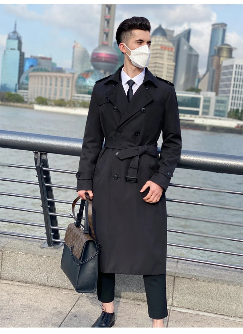 Super long windbreaker men’s,British trench coat,double-breasted mid-gray long dress spring and autumn new over knee fashion thi GONZALES ONLINE SHOP