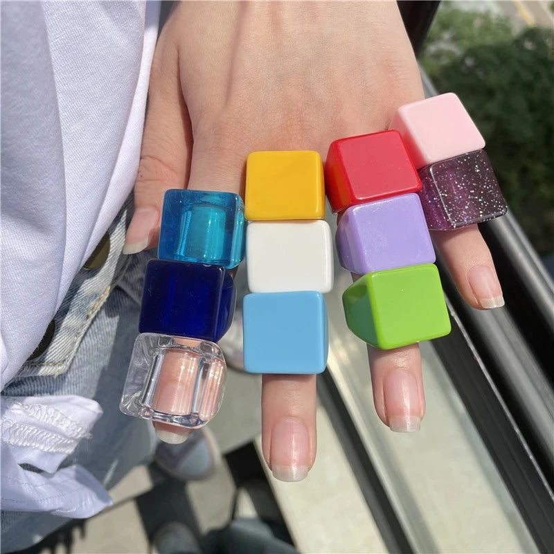 New Korea Simple Square Colorful Transparent Geometric Resin Acrylic Rings for Women Girls Summer Hot Sale Jewelry HUANZHI 2021 GONZALES ONLINE SHOP