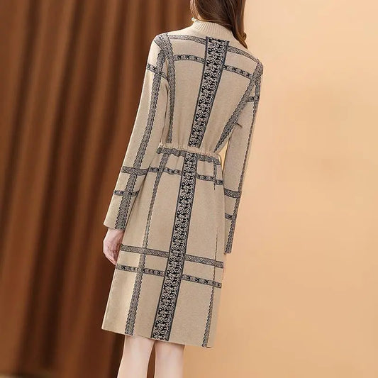 Autumn Winter Vintage Plaid Print Draw String Dresses Warm Women Knitted Half High Collar Dresses Elegant Female Sweater Dresses GONZALES ONLINE SHOP