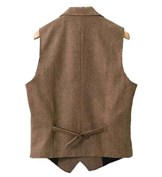 2024 Mens Vest Classic Brown Suit  Wool Tweed Notch Lapel Waistcoat Herringbone Groomsmen Winter Coat For Wedding GONZALES ONLINE SHOP