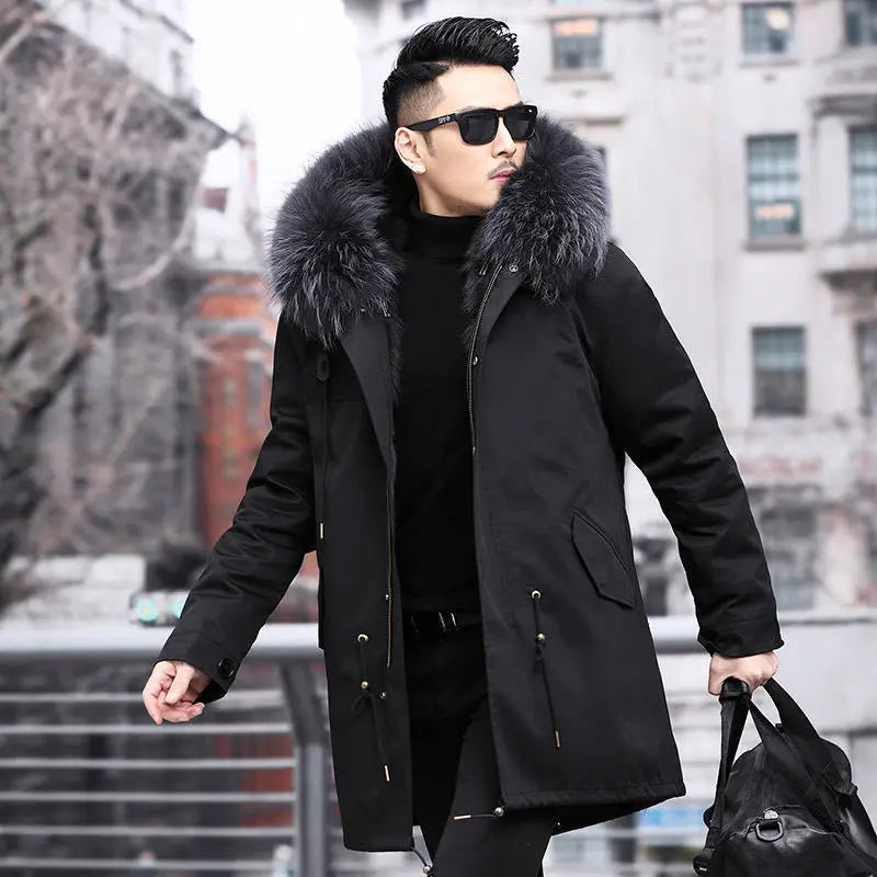 HANZANGL Men's Fur Coat 2022 Winter High Quality Fashion With Fur Hooded Lined Thick Warm Parkas Outerwear Mid-length With Long GONZALES ONLINE SHOP