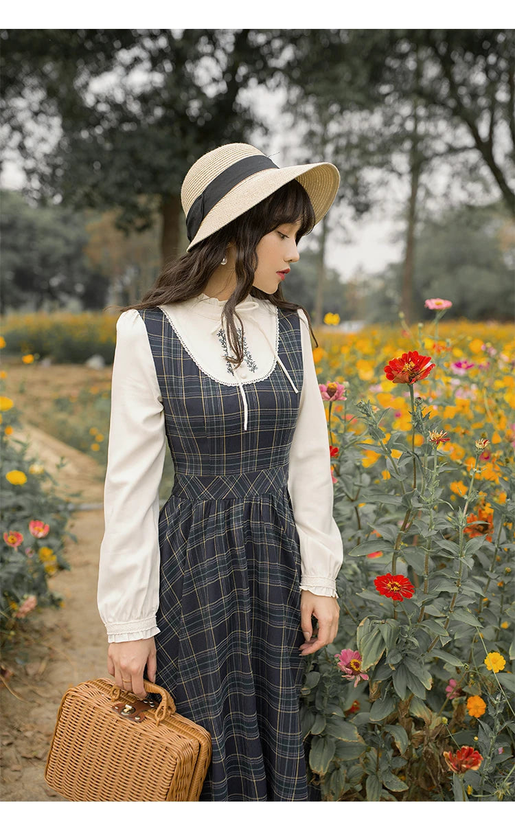 2021 Autumn Winter  New Arrival Vintage Stand Collar Floral Embroidery Long Sleeve Plaid Women Long Cotton Dress High Quality GONZALES ONLINE SHOP