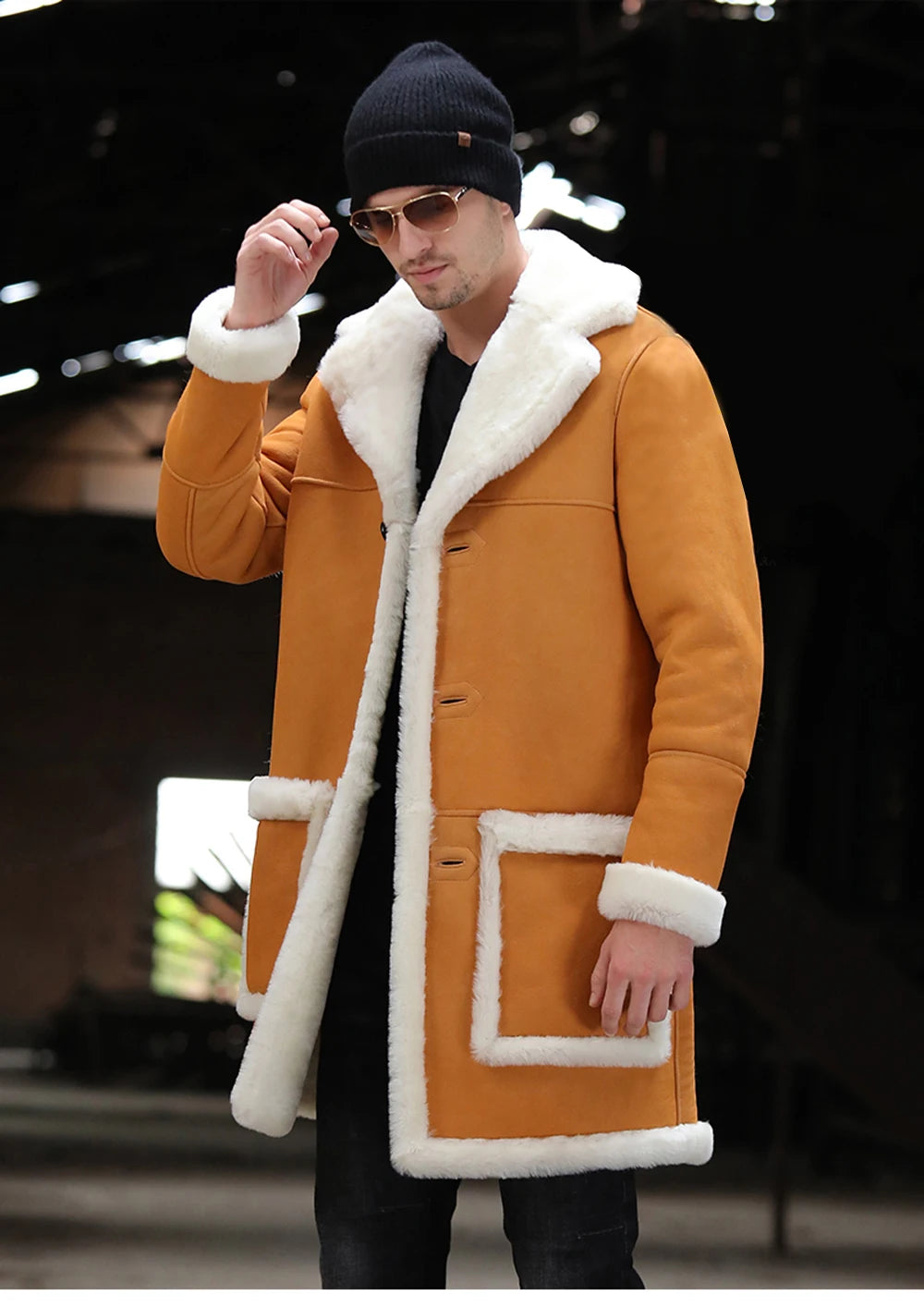 Soft Comfortable Sheepskin Fur Shearling Coat Yellow Winter Medium Long Real Fur Coat Men Warm Genuine Leather Suedue Jackets GONZALES ONLINE SHOP