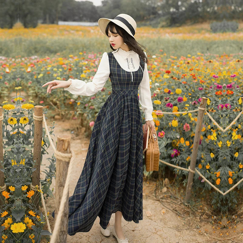 2021 Autumn Winter  New Arrival Vintage Stand Collar Floral Embroidery Long Sleeve Plaid Women Long Cotton Dress High Quality GONZALES ONLINE SHOP