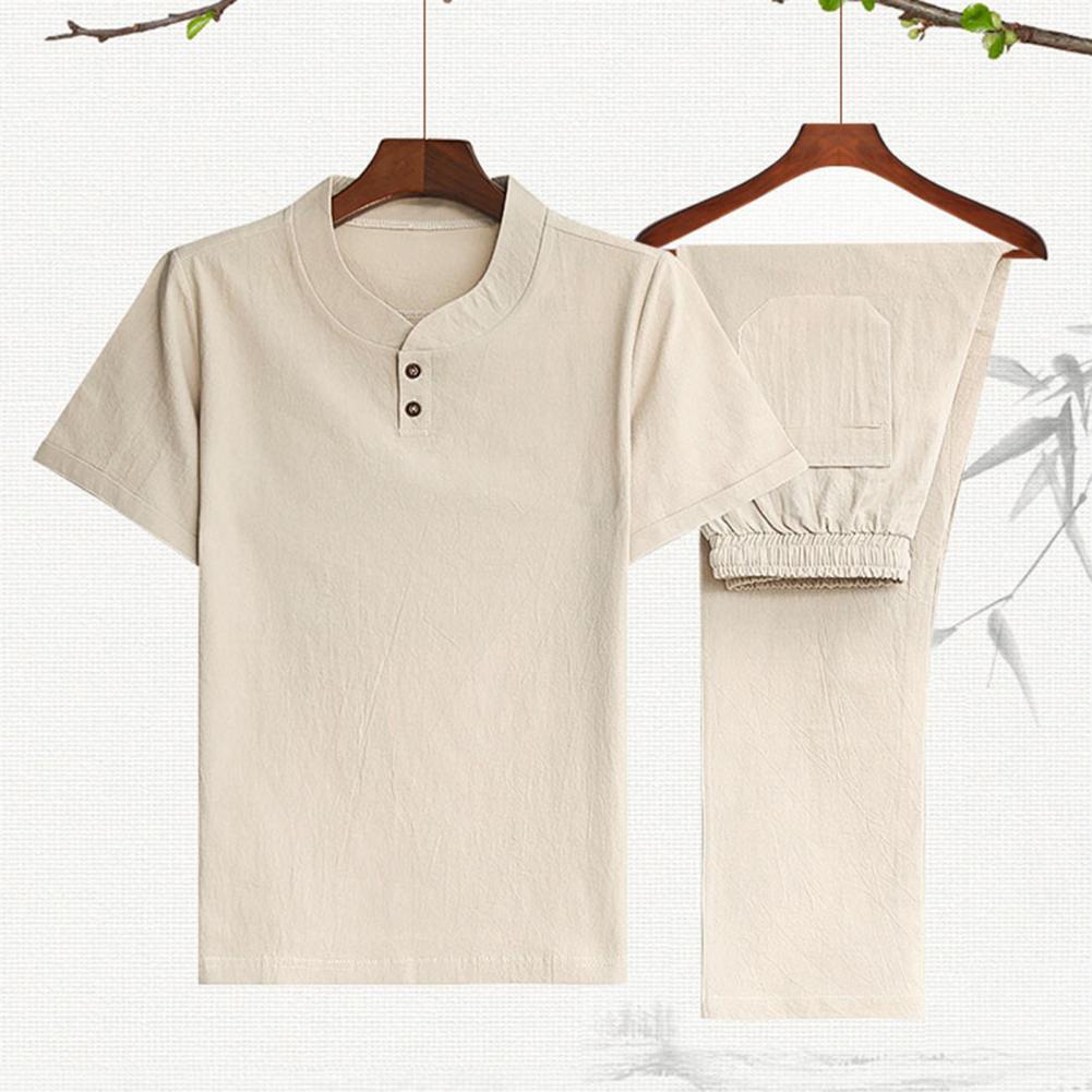 Men Casual Outfit Solid Color Homewear Chinoiserie Summer Two Piece Short Sleeve T Shirt Drawstring Pants Set Men Clothing Suit GONZALES ONLINE SHOP