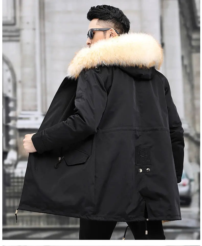 HANZANGL Men's Fur Coat 2022 Winter High Quality Fashion With Fur Hooded Lined Thick Warm Parkas Outerwear Mid-length With Long GONZALES ONLINE SHOP