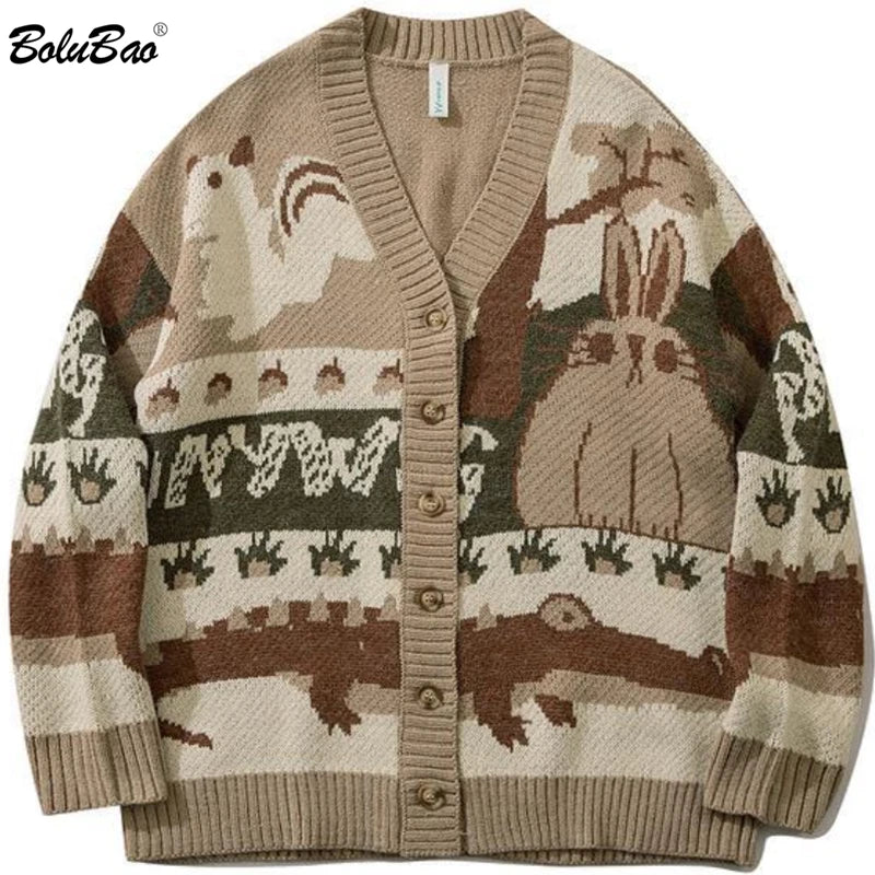 BOLUBAO Vintage Cardigan Oversized Sweater Men Pullover Hip Hop Streetwear Loose Knitwear Harajuku Cartoon Knitted Sweater Male GONZALES ONLINE SHOP