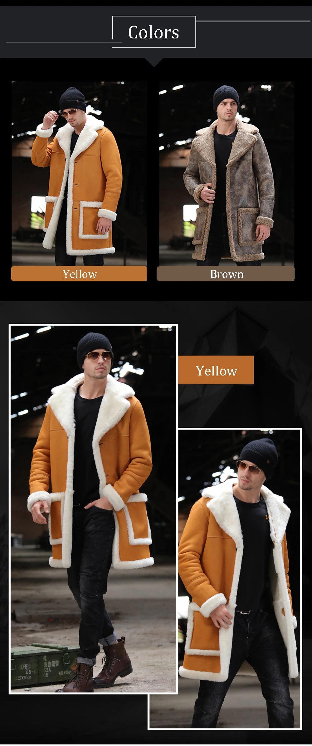 Soft Comfortable Sheepskin Fur Shearling Coat Yellow Winter Medium Long Real Fur Coat Men Warm Genuine Leather Suedue Jackets GONZALES ONLINE SHOP