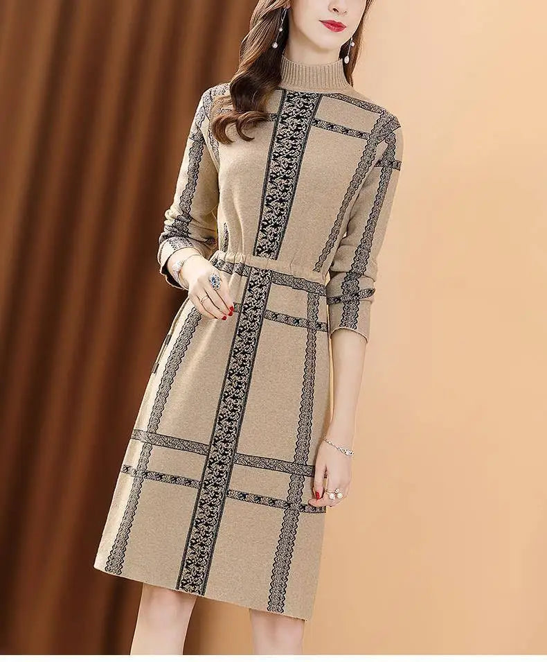 Autumn Winter Vintage Plaid Print Draw String Dresses Warm Women Knitted Half High Collar Dresses Elegant Female Sweater Dresses GONZALES ONLINE SHOP