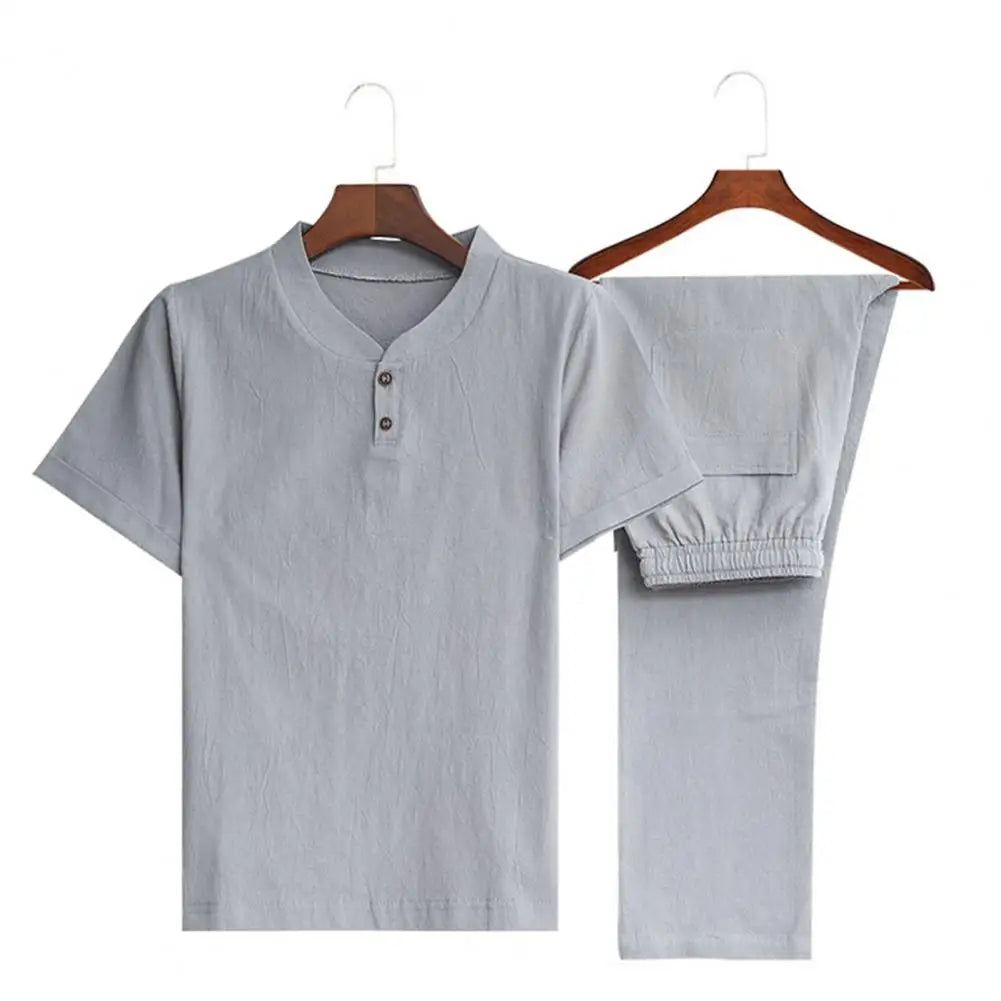 Men Casual Outfit Solid Color Homewear Chinoiserie Summer Two Piece Short Sleeve T Shirt Drawstring Pants Set Men Clothing Suit GONZALES ONLINE SHOP