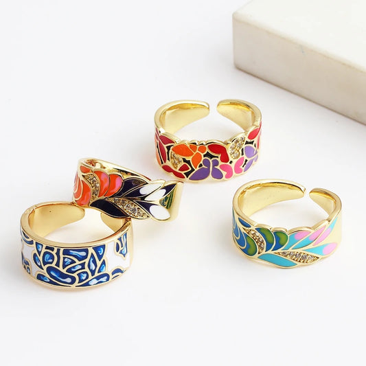 New Design Butterfly Flower Butterfly Enamel Adjustable Wide Band Rings For Women Vintage Open Ring Colorful Jewelry GONZALES ONLINE SHOP