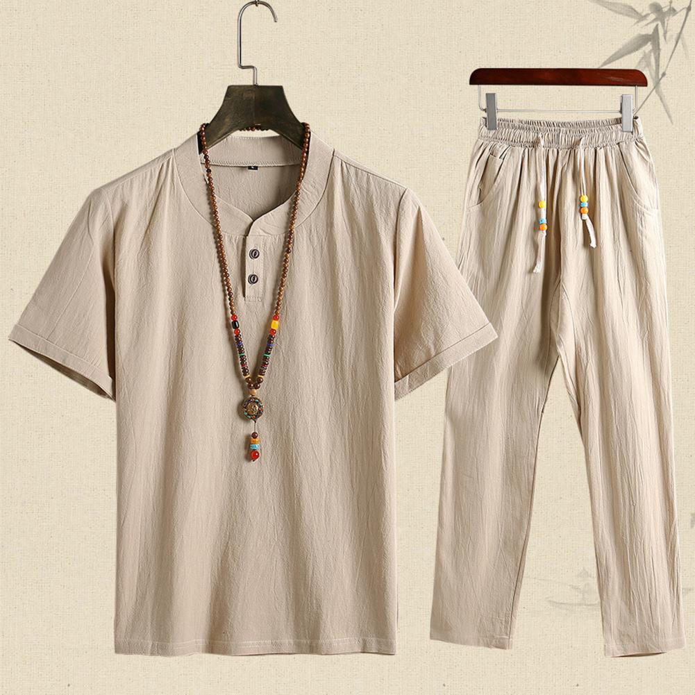 Men Casual Outfit Solid Color Homewear Chinoiserie Summer Two Piece Short Sleeve T Shirt Drawstring Pants Set Men Clothing Suit GONZALES ONLINE SHOP