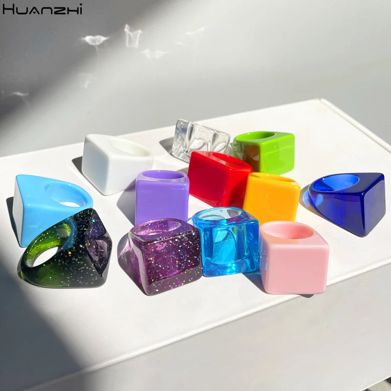 New Korea Simple Square Colorful Transparent Geometric Resin Acrylic Rings for Women Girls Summer Hot Sale Jewelry HUANZHI 2021 GONZALES ONLINE SHOP