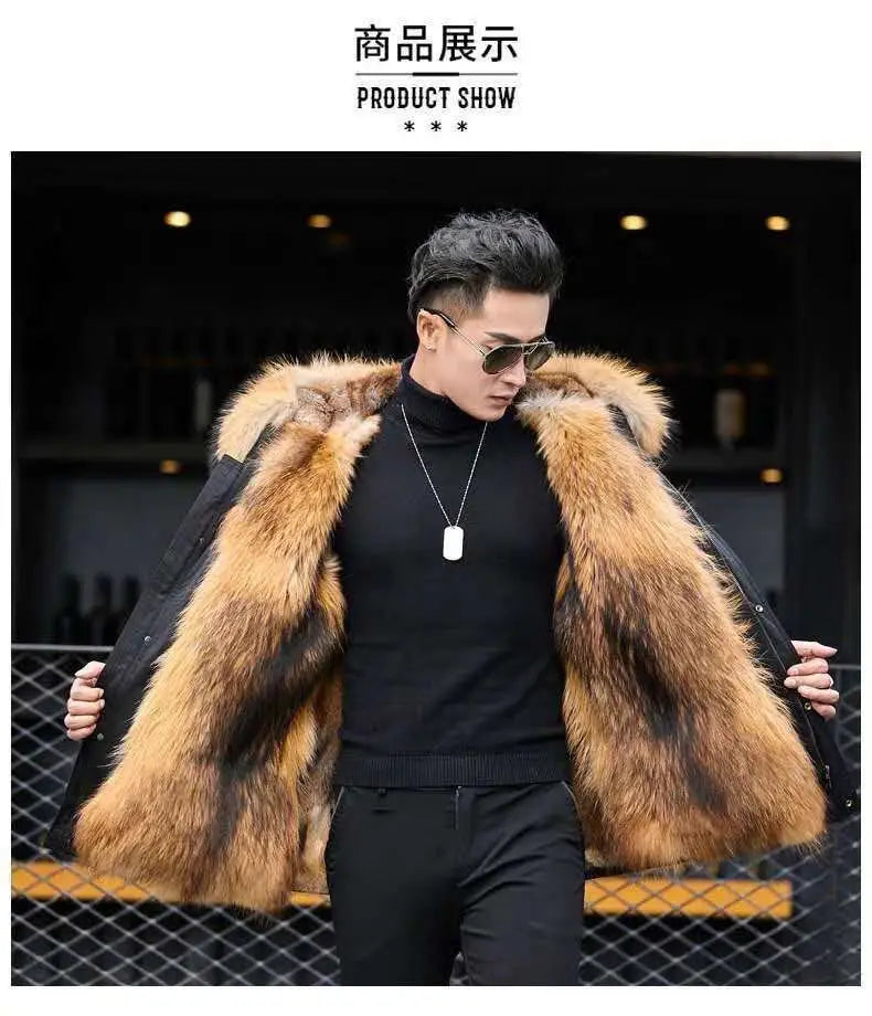 HANZANGL Men's Fur Coat 2022 Winter High Quality Fashion With Fur Hooded Lined Thick Warm Parkas Outerwear Mid-length With Long GONZALES ONLINE SHOP