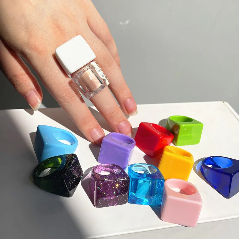 New Korea Simple Square Colorful Transparent Geometric Resin Acrylic Rings for Women Girls Summer Hot Sale Jewelry HUANZHI 2021 GONZALES ONLINE SHOP