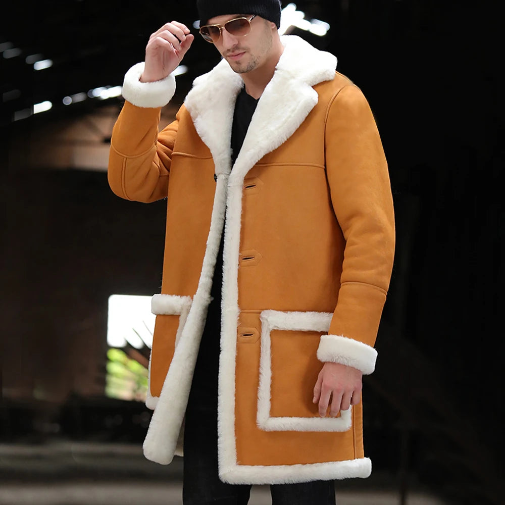 Soft Comfortable Sheepskin Fur Shearling Coat Yellow Winter Medium Long Real Fur Coat Men Warm Genuine Leather Suedue Jackets GONZALES ONLINE SHOP