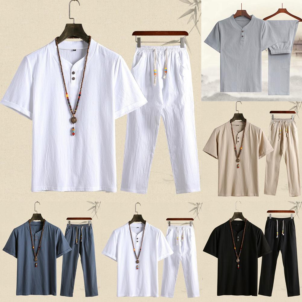 Men Casual Outfit Solid Color Homewear Chinoiserie Summer Two Piece Short Sleeve T Shirt Drawstring Pants Set Men Clothing Suit GONZALES ONLINE SHOP