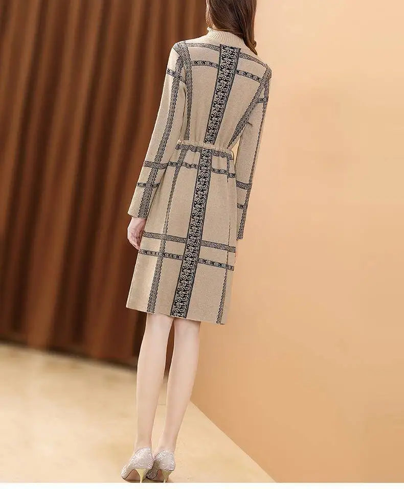 Autumn Winter Vintage Plaid Print Draw String Dresses Warm Women Knitted Half High Collar Dresses Elegant Female Sweater Dresses GONZALES ONLINE SHOP