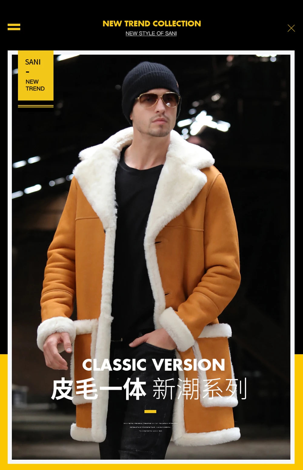 Soft Comfortable Sheepskin Fur Shearling Coat Yellow Winter Medium Long Real Fur Coat Men Warm Genuine Leather Suedue Jackets GONZALES ONLINE SHOP