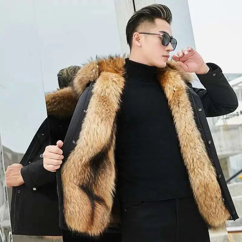 HANZANGL Men's Fur Coat 2022 Winter High Quality Fashion With Fur Hooded Lined Thick Warm Parkas Outerwear Mid-length With Long GONZALES ONLINE SHOP