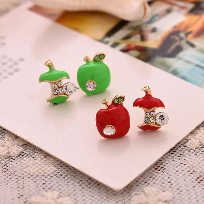 Cute Apples Earrings Women Red Green Asymmetric Rhinestone Apple Shaped Earrings Creative Crystal Women Gift Ear Accessories GONZALES ONLINE SHOP