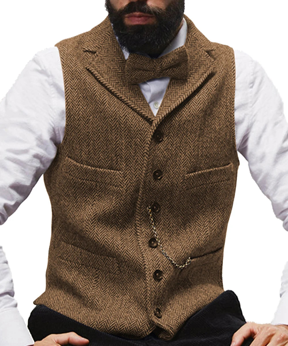 2024 Mens Vest Classic Brown Suit  Wool Tweed Notch Lapel Waistcoat Herringbone Groomsmen Winter Coat For Wedding GONZALES ONLINE SHOP