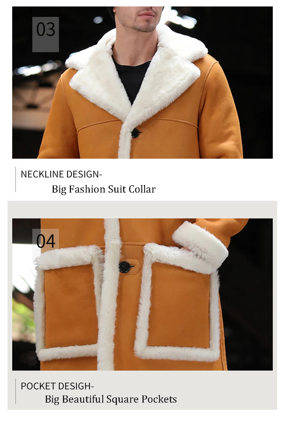 Soft Comfortable Sheepskin Fur Shearling Coat Yellow Winter Medium Long Real Fur Coat Men Warm Genuine Leather Suedue Jackets GONZALES ONLINE SHOP