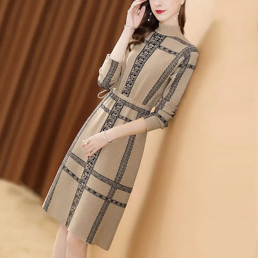 Autumn Winter Vintage Plaid Print Draw String Dresses Warm Women Knitted Half High Collar Dresses Elegant Female Sweater Dresses GONZALES ONLINE SHOP