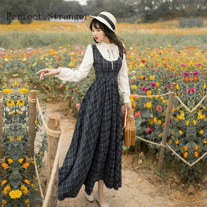 2021 Autumn Winter  New Arrival Vintage Stand Collar Floral Embroidery Long Sleeve Plaid Women Long Cotton Dress High Quality GONZALES ONLINE SHOP