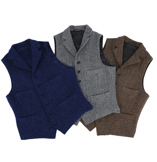 2024 Mens Vest Classic Brown Suit  Wool Tweed Notch Lapel Waistcoat Herringbone Groomsmen Winter Coat For Wedding GONZALES ONLINE SHOP