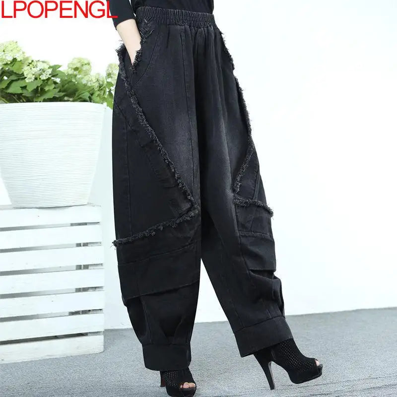 Black Wide-leg Jeans Harem Pants Loose Fashion Casual Full Length High Waist Patchwork Print Pocket Jeans Women Autumn Winter GONZALES ONLINE SHOP