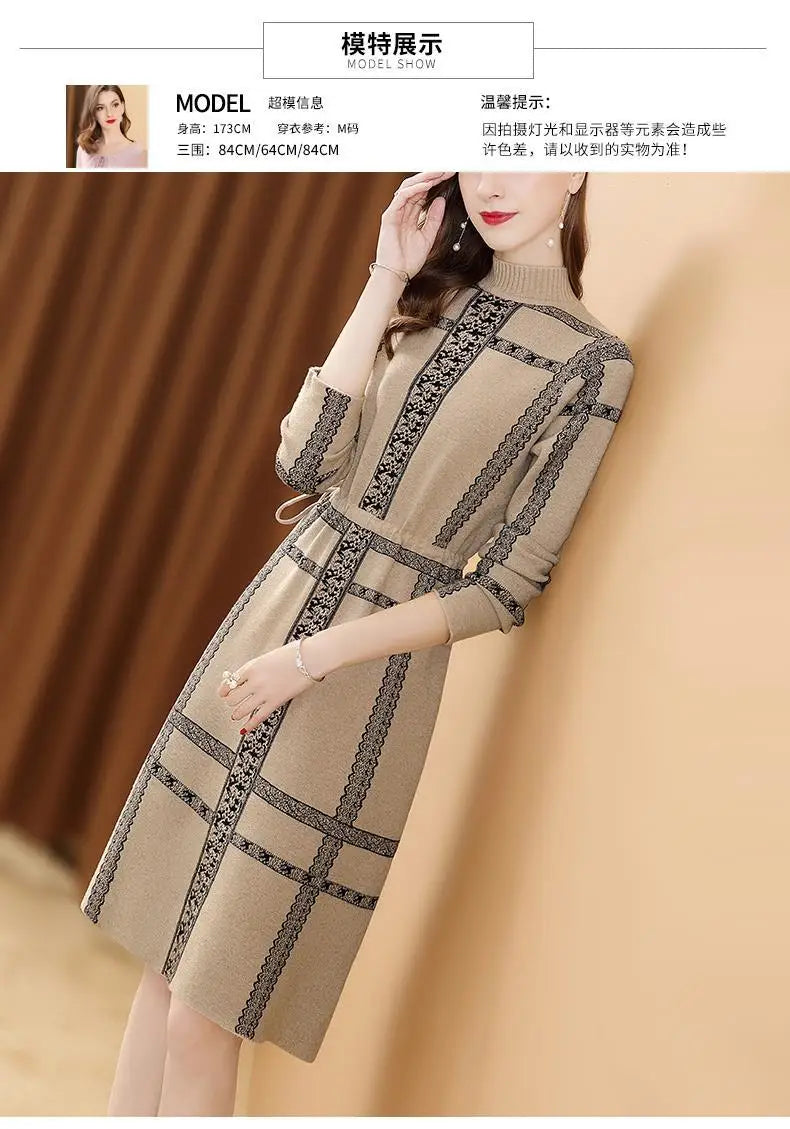 Autumn Winter Vintage Plaid Print Draw String Dresses Warm Women Knitted Half High Collar Dresses Elegant Female Sweater Dresses GONZALES ONLINE SHOP