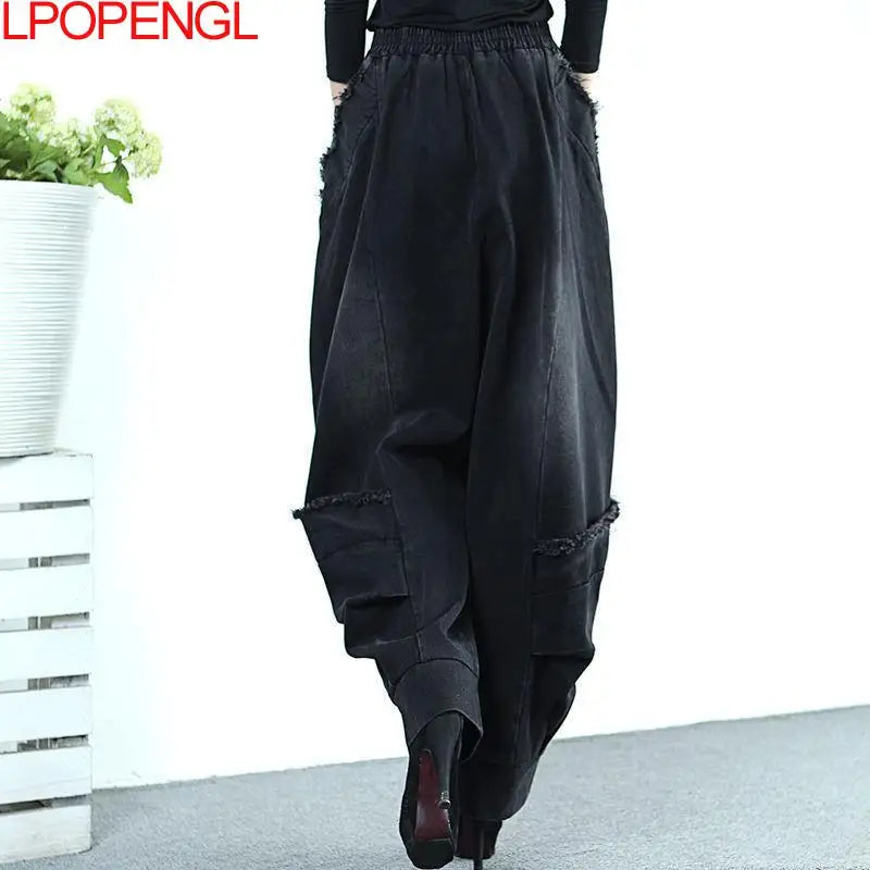 Black Wide-leg Jeans Harem Pants Loose Fashion Casual Full Length High Waist Patchwork Print Pocket Jeans Women Autumn Winter GONZALES ONLINE SHOP