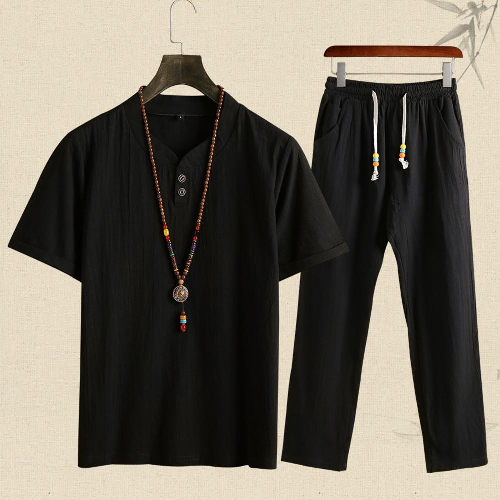 Men Casual Outfit Solid Color Homewear Chinoiserie Summer Two Piece Short Sleeve T Shirt Drawstring Pants Set Men Clothing Suit GONZALES ONLINE SHOP