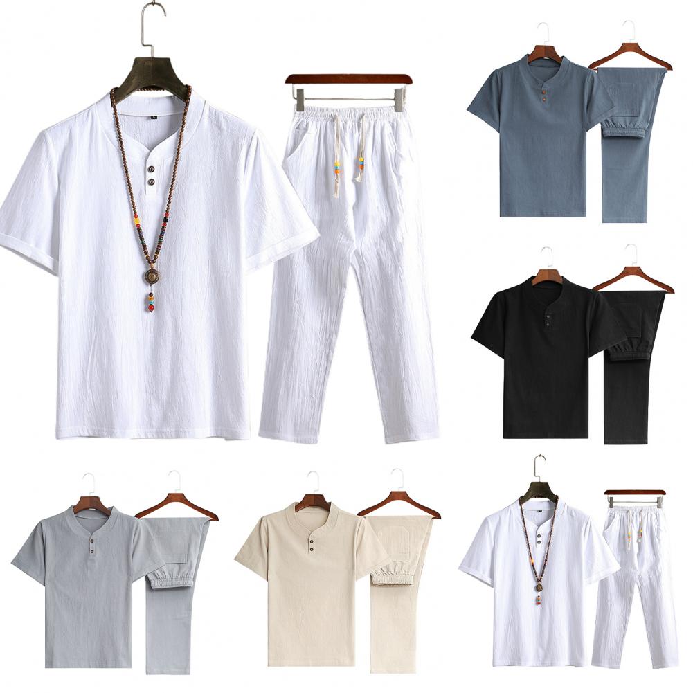 Men Casual Outfit Solid Color Homewear Chinoiserie Summer Two Piece Short Sleeve T Shirt Drawstring Pants Set Men Clothing Suit GONZALES ONLINE SHOP