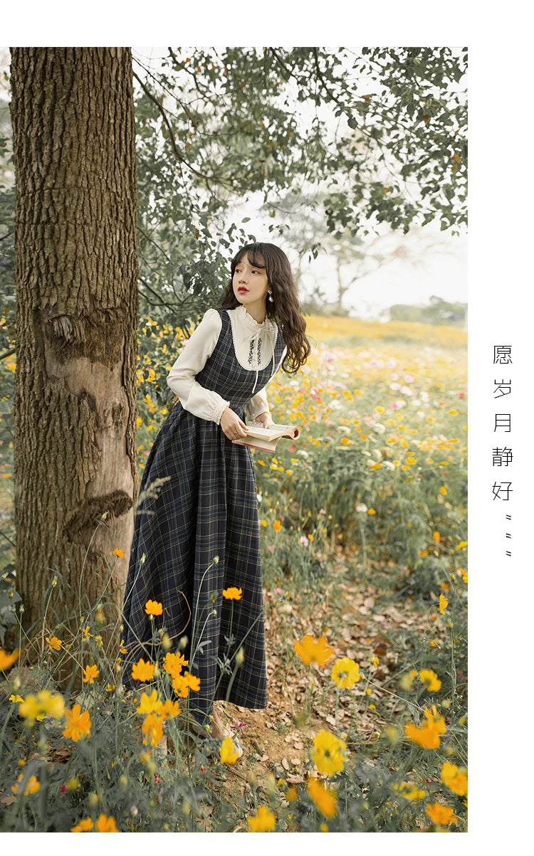 2021 Autumn Winter  New Arrival Vintage Stand Collar Floral Embroidery Long Sleeve Plaid Women Long Cotton Dress High Quality GONZALES ONLINE SHOP