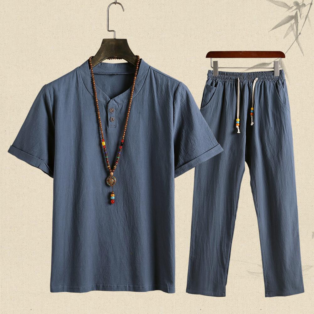 Men Casual Outfit Solid Color Homewear Chinoiserie Summer Two Piece Short Sleeve T Shirt Drawstring Pants Set Men Clothing Suit GONZALES ONLINE SHOP