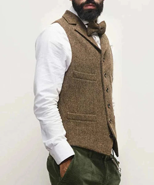 Men's Wool Tweed Vest Classic Brown Suit Waistcoat for Timeless Style - GONZALES ONLINE SHOP