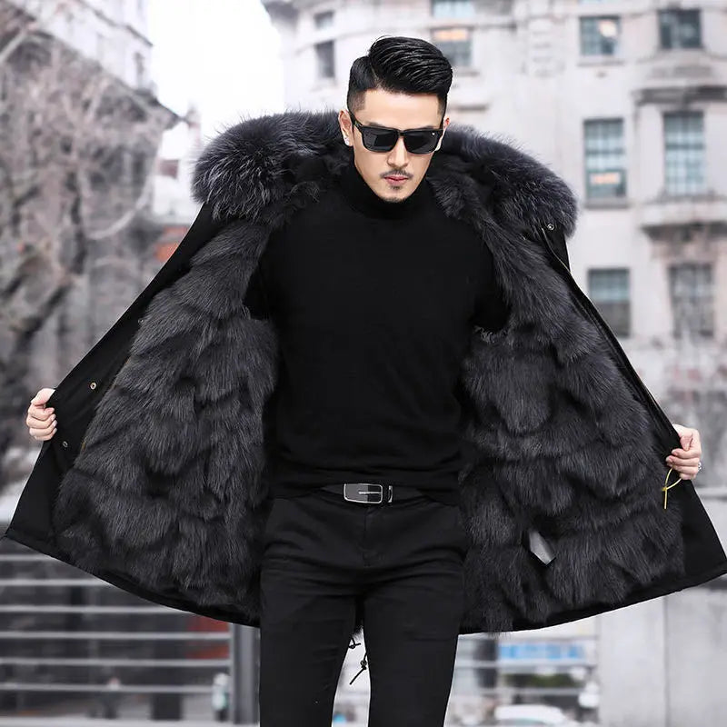 HANZANGL Men's Fur Coat 2022 Winter High Quality Fashion With Fur Hooded Lined Thick Warm Parkas Outerwear Mid-length With Long GONZALES ONLINE SHOP