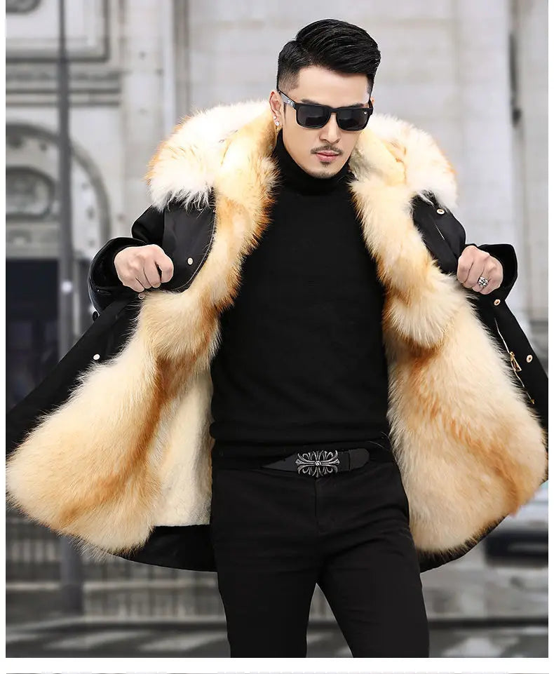 HANZANGL Men's Fur Coat 2022 Winter High Quality Fashion With Fur Hooded Lined Thick Warm Parkas Outerwear Mid-length With Long GONZALES ONLINE SHOP