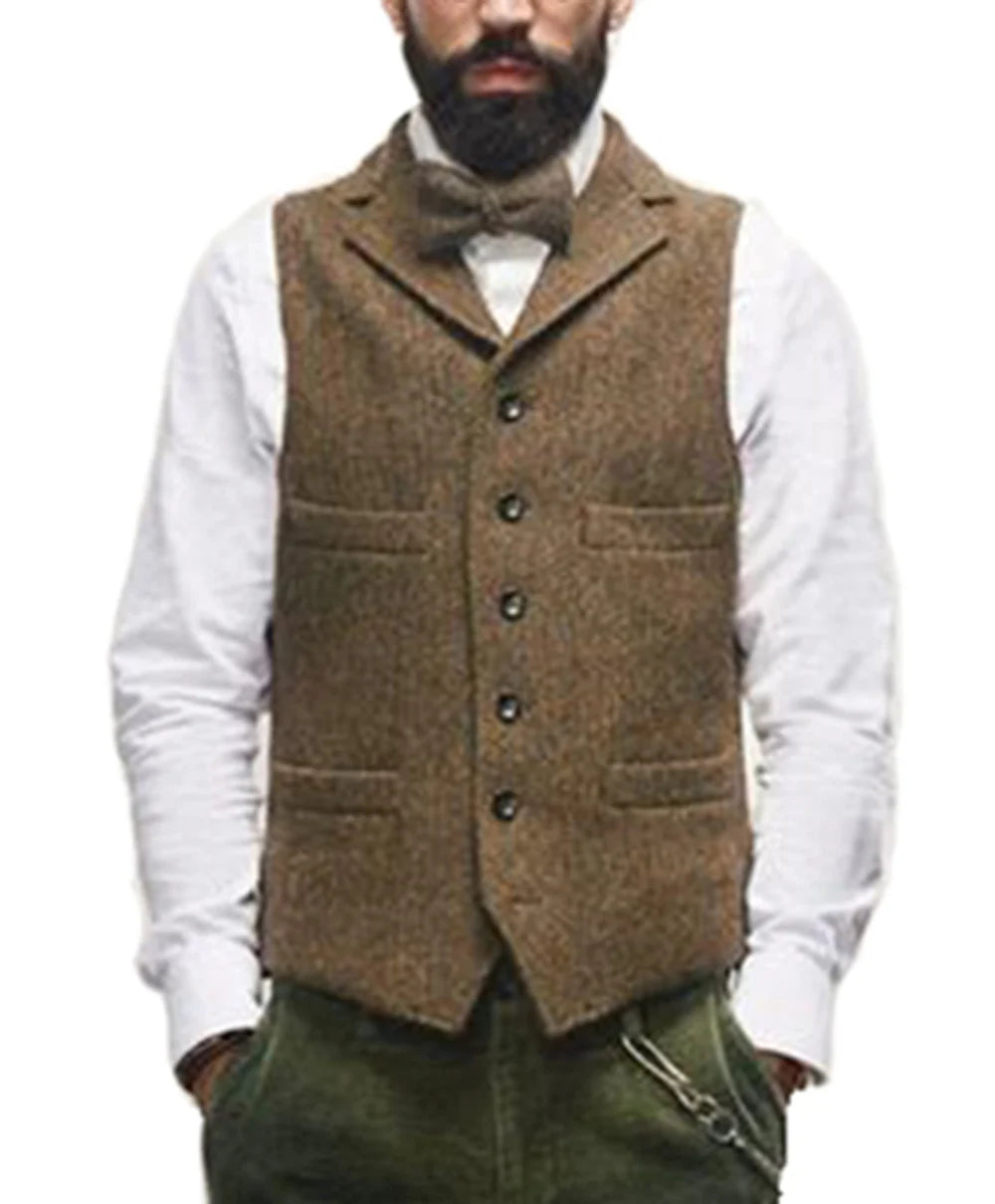 2024 Mens Vest Classic Brown Suit  Wool Tweed Notch Lapel Waistcoat Herringbone Groomsmen Winter Coat For Wedding GONZALES ONLINE SHOP