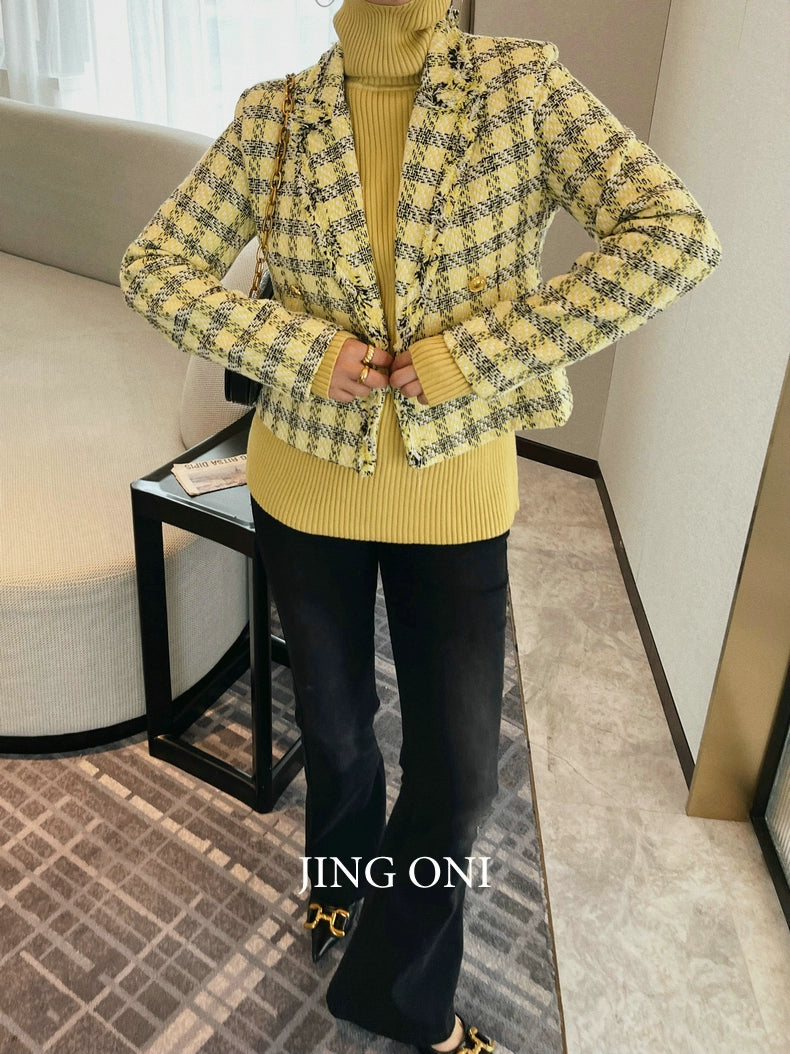 Plaid Tweed Blazer Jacket Elegant Woman Clothing 2023 Vintage Korean Fashion Style Autumn Y2K Coat Chic Crop New Tailored New GONZALES ONLINE SHOP